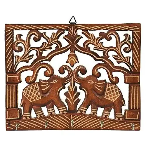 VARANASI WOODEN TOYS Beautiful Wooden Wall Hanging Key Holder in Couple Elephant Shape