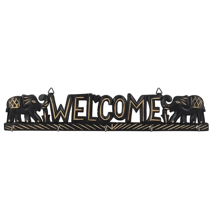 VARANASI WOODEN TOYS Beautiful Wooden Wall Hanging Key Holder with Welcome Text & Elephant Shape MPN-Key_Holder_Welcome_Elephant