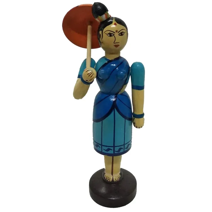 VARANASI WOODEN TOYS Channapatana Handmade Wooden Umbrella with Lady Figurine