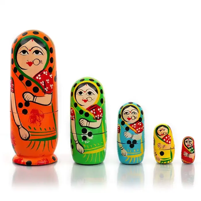 VARANASI WOODEN TOYS Kids Handmade Hand Painted Cute Wooden Indian Women Nesting Dolls – Set of 5