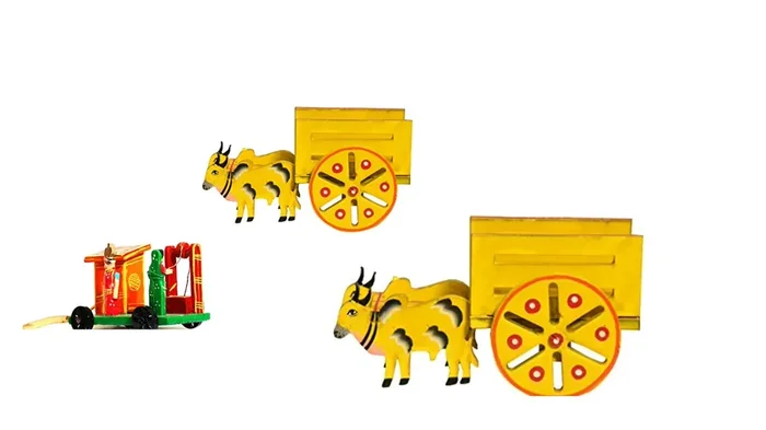 VARANASI WOODEN TOYS Wooden Handcrafted Golu Doll Set of 3 Two Bullock carts/Mattu Vandi with Village Ladies & Well Scene Rural Art for Golu Decor & Pongal -Sankranti Decor Showpiece Gift Item