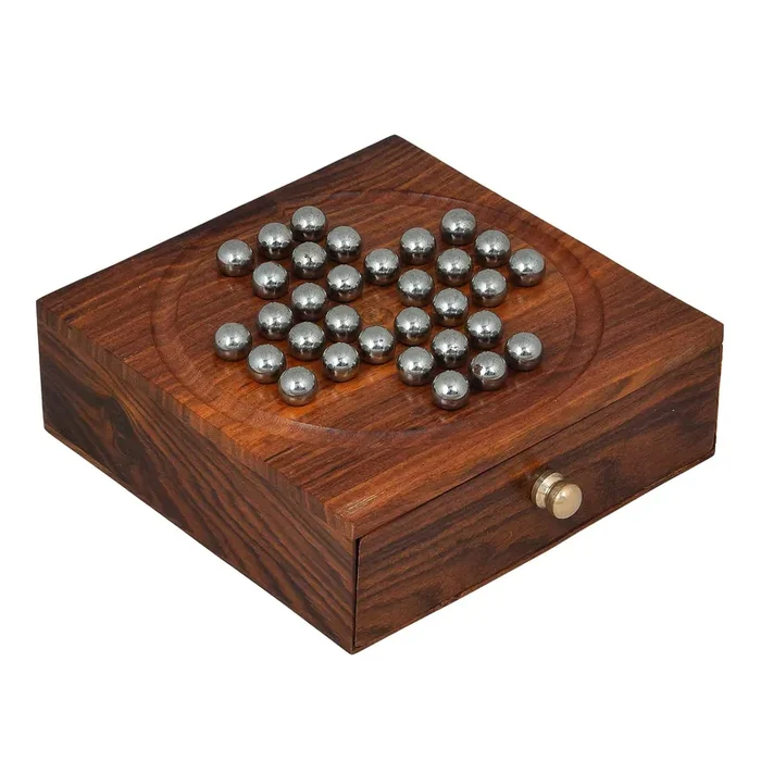 VARANASI WOODEN TOYS Wooden Handcrafted Solitaire Board Game Metal Balls Beads with Storage Drawer (Brown Small) for 11+ years