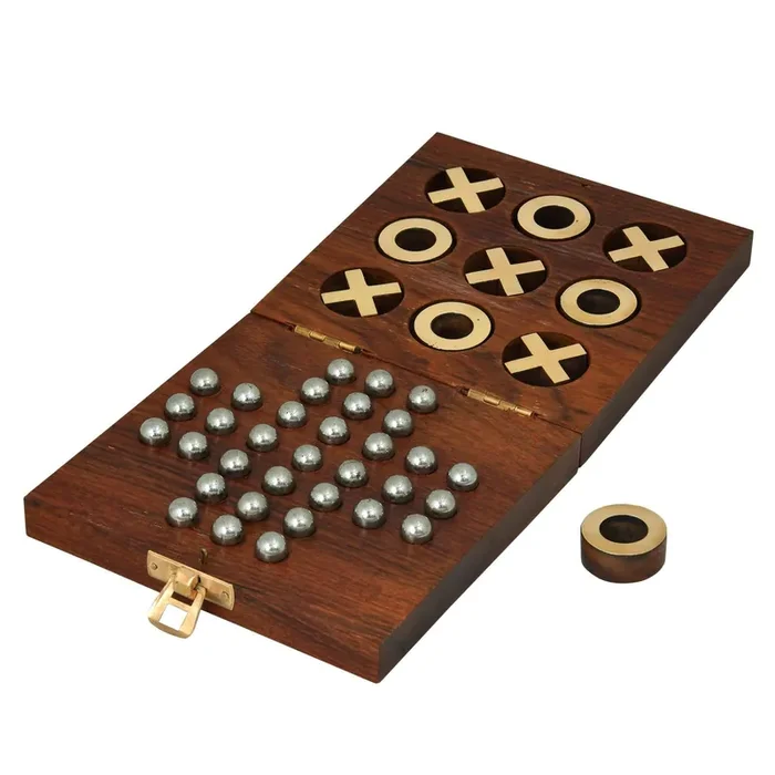 VARANASI WOODEN TOYS Wooden Tic Tac Toe and Solitaire Board Game Traditional Challenging Board Game for Kids and Adults (Weight 480 Gm)