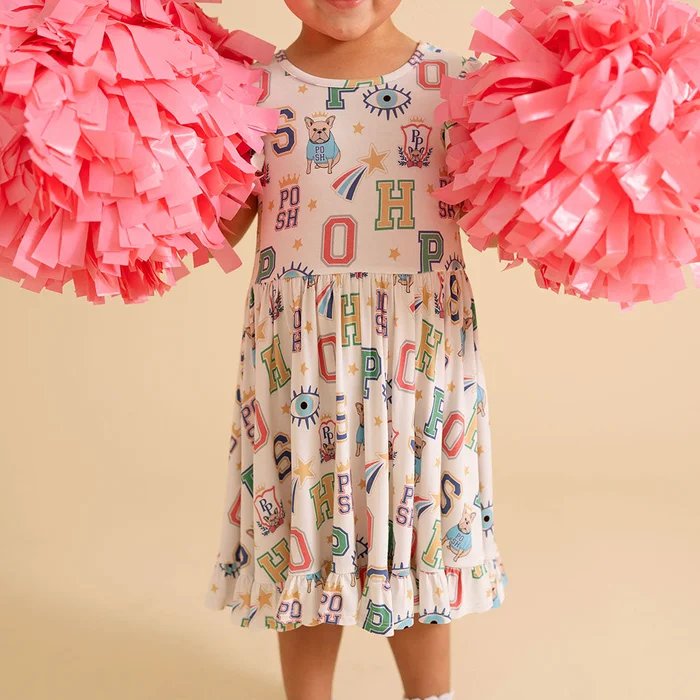 Varsity Beige Cap Sleeve Girl Twirl Dress | Brooke