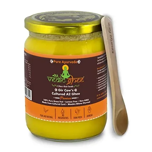 Vedic Ghee Premium A2 Gir Cow Cultured Ghee from Kesariya Farm Vedic Bilona Two Way Hand Churned Indian Gir Cow Ghee Pure A2 Ghee Natural & Healthy Non-GMO Lab Certified (500ml)