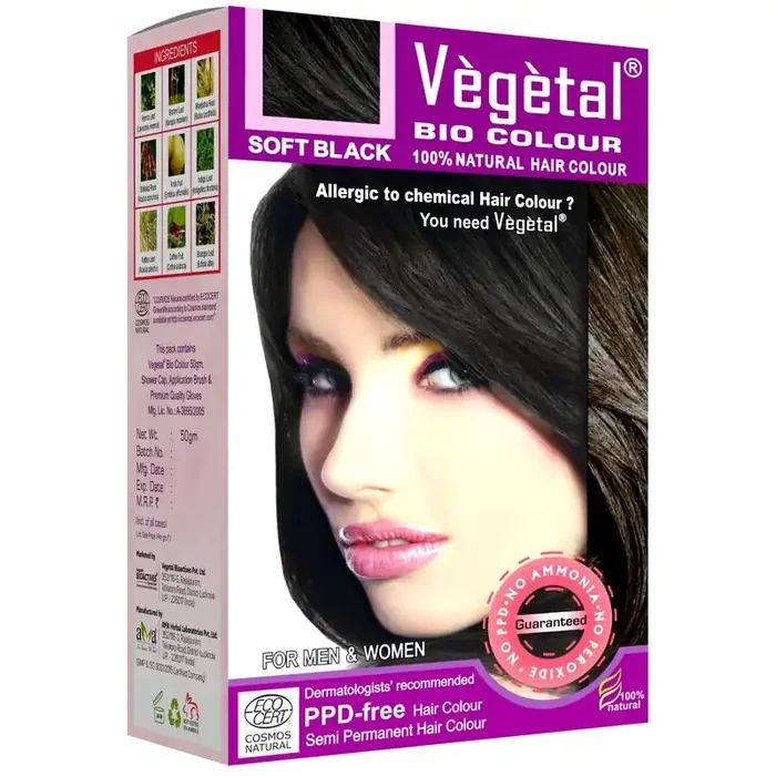 Vegetal Bio Hair Colour – Soft Black 50g Achieve Natural, Ammonia-Free Hair Color PPD-Free, 100% Herbal Certified Organic for Men and Women UV Protection and Luster Maintenance Complete Kit