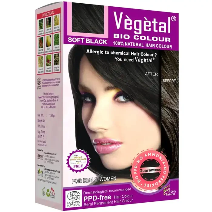 Vegetal Bio Hair Colour Soft Black 150g Achieve Natural, Ammonia-Free Hair Color PPD-Free, 100% Herbal Certified Organic for Men and Women UV Protection and Luster Maintenance Complete Kit