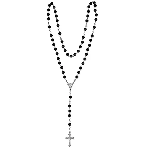 VR Creatives Black Moti Stone Rosary Beads Metal Lord Holy Jesus Christ Cross Christian Cutting Fashion Isa Masih Christmas Saint Praying Religious Locket Pendant Necklace Chain for Unisex Adult