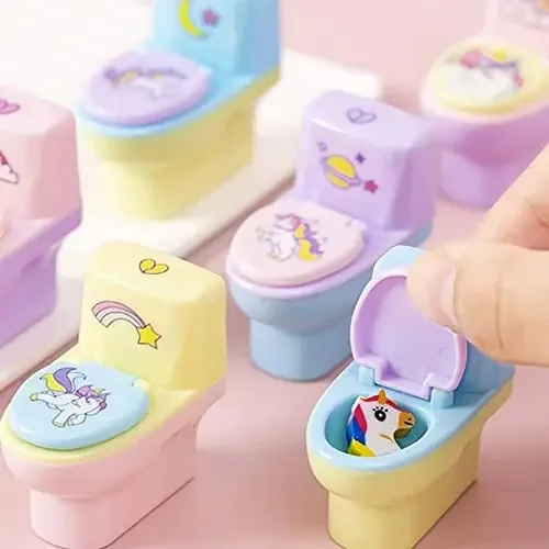 VR Creatives Small Toilet Shaped Sharpener with Eraser Wheel for School Kids Multi Color, Pack of 3