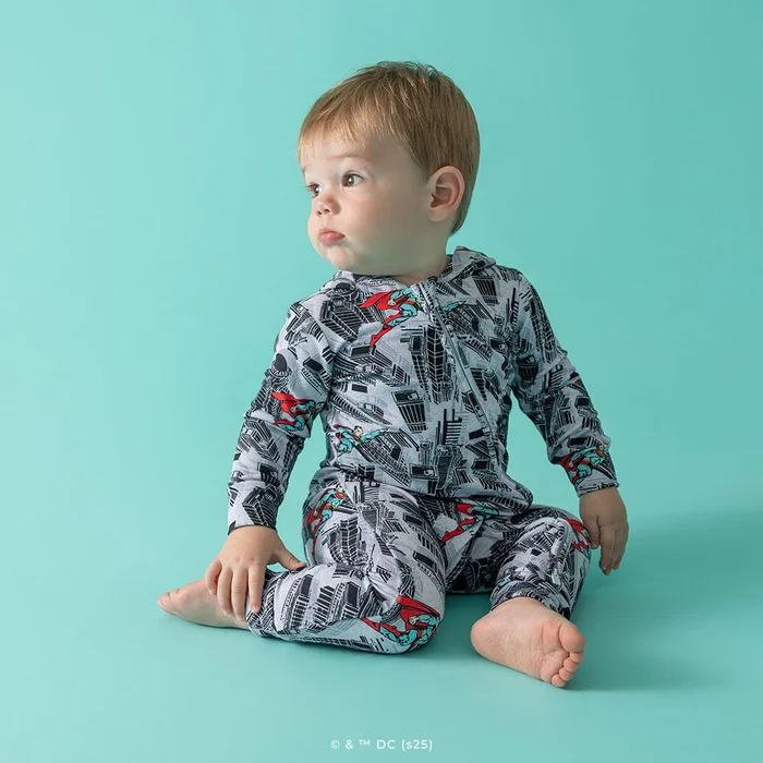 WB Gray Long Sleeve Hooded Baby Romper | WB Superman Metropolis