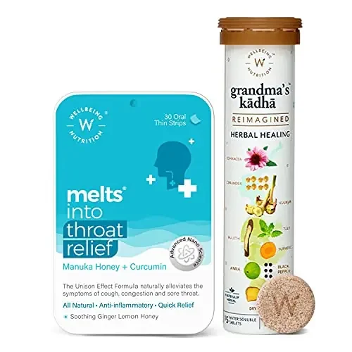 Wellbeing Nutrition Grandma‘s Kadha – Ayush Kwath Immunity Booster with Melts instant Throat Relief for Sore Throat Immunity Cold Cough & Congestion (15 Effervescent Tablets & 30 Oral Strips)