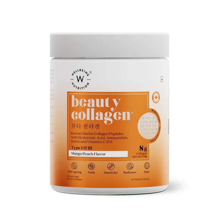 Wellbeing Nutrition Korean Beauty Marine Collagen Skin Radiance Peptides 8g Biotin, Vitamin C, E, Hyaluronic, Astaxanthin Clinically Proven Healthy Skin, Hair & Nails Mango Peach powder, 250gms