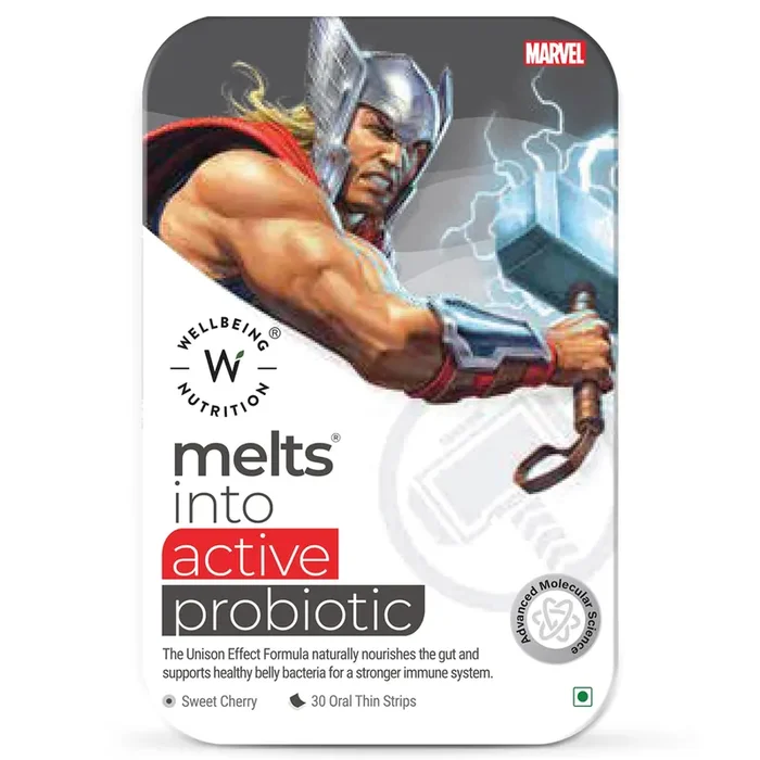 Wellbeing Nutrition Marvel Melts Probiotics & Prebiotics for Kids 7B CFU, Vitamin C & D3 Improve Digestion, Immunity & Gut Health Sweet Cherry Flavor, 30 Oral Strips