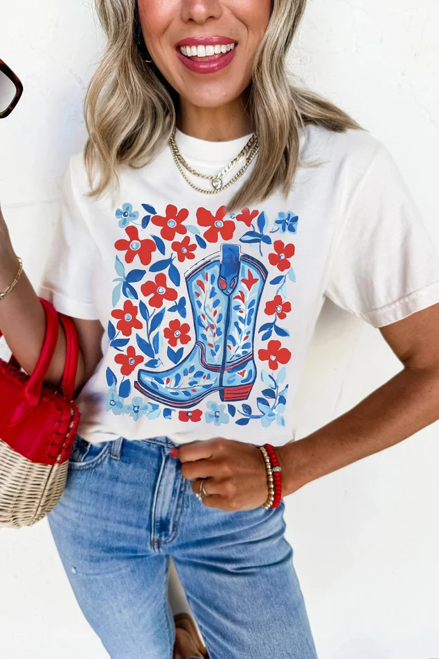 Western Boot Red White & Blue Print Crew Neck Loose Tee