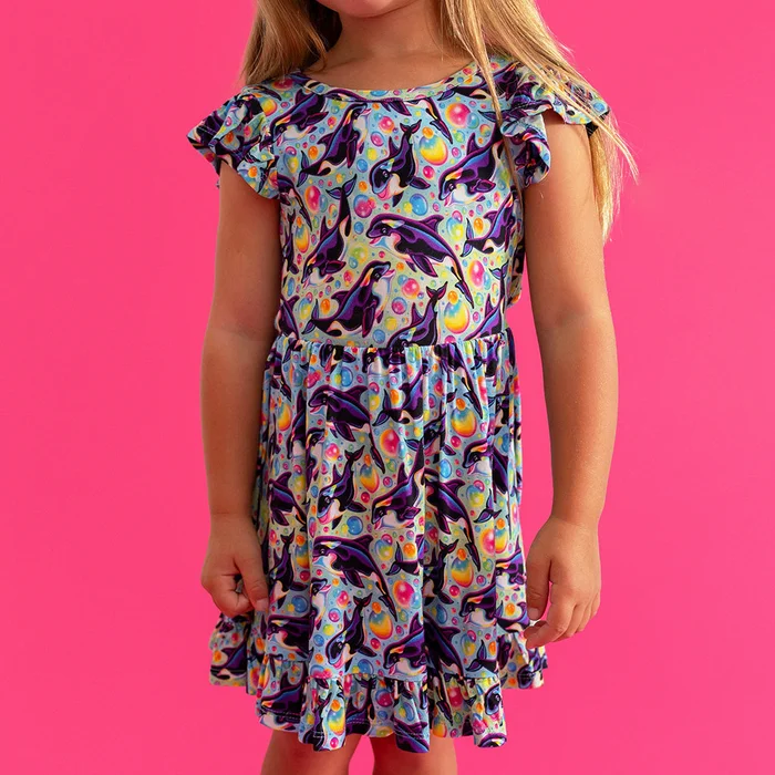 Whale Blue Cap Sleeve Girl Twirl Dress | Lisa Frank® Max Splash