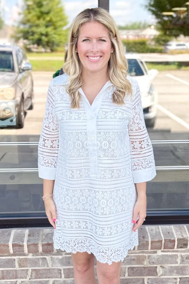 WHITE BUTTON COLLAR CROCHET LACE SHIFT DRESS