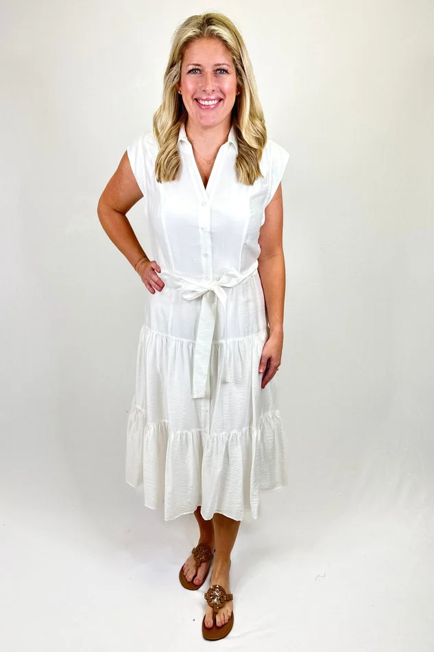 WHITE BUTTON FRONT COLLAR BELTED MIDI DRESS