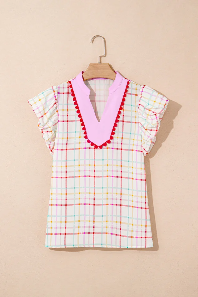 White Plaid Flutter Sleeve