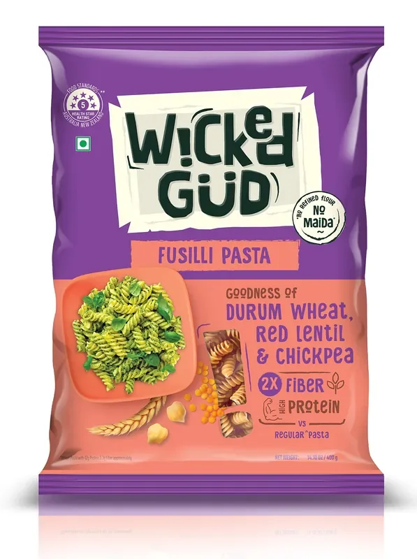 WickedGud 2X Fiber Fusilli Pasta No Maida Durum Wheat Semolina Brown Rice Red Lentils Healthy Diet Pasta – 400gm
