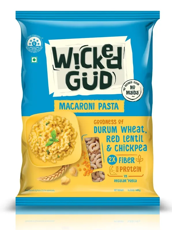 WickedGud 2X Fiber Macaroni Pasta No Maida Durum Wheat Semolina Brown Rice Red Lentils Healthy Diet Pasta – 400gm