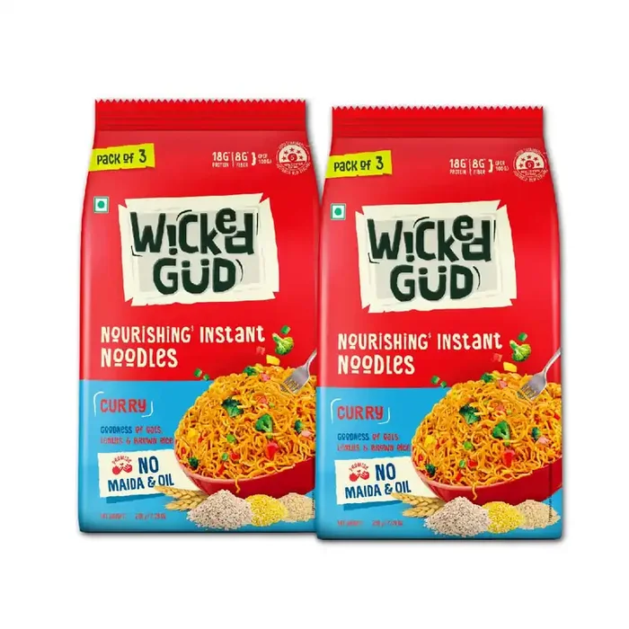 WickedGud Curry Nourishing Instant Noodles (201gm x 2) Healthy Noodles No Maida No Oil No MSG High Protein High Fibre Cholesterol Free