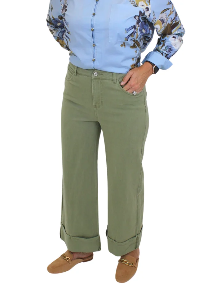 Wide Leg Cuffed Jeans – Olive