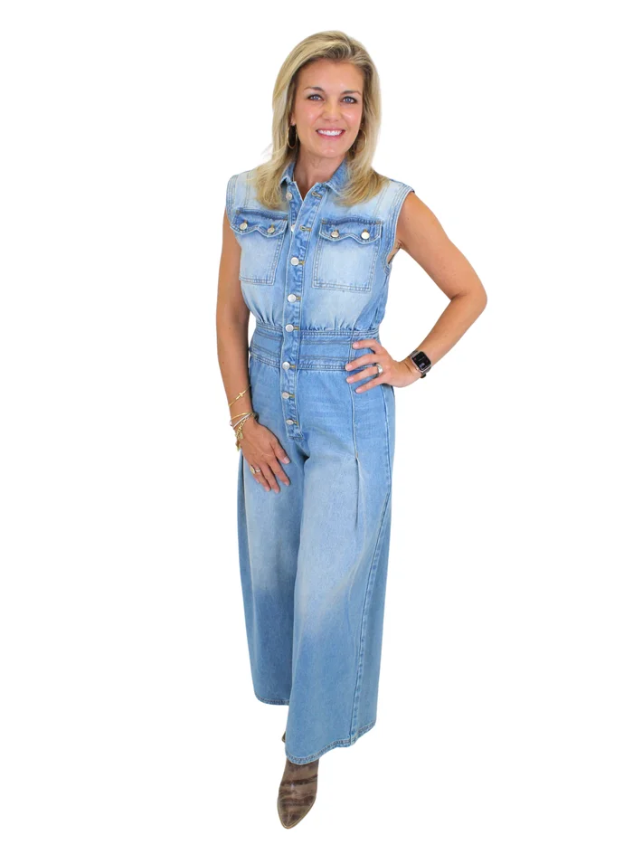 Wide Leg Denim Jumpsuit – Medium Wash