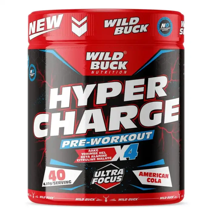 WILD BUCK Hyper Charge Pre-X4 Hardcore Pre-Workout Supplement Powder with Creatine MonohydrateArginine AAKGBeta-AlanineCaffeinated Punch -For Unisex [40 ServAmerican Cola] 4.25 grams