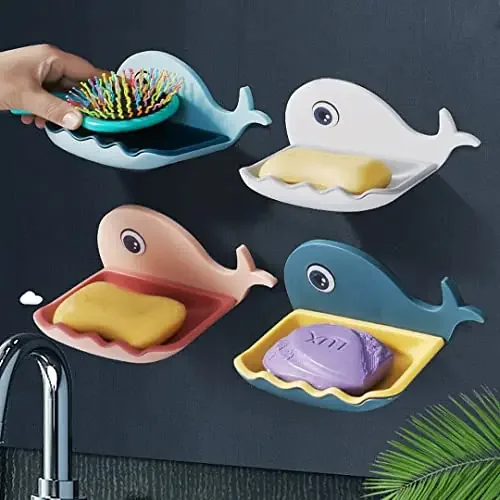 Wolpin Soap Case for Bathroom Kitchen (Set of 4 Pcs) Kids Self-Adhesive Sticker Soap Dish Holder Water Drain Plastic Fish Design