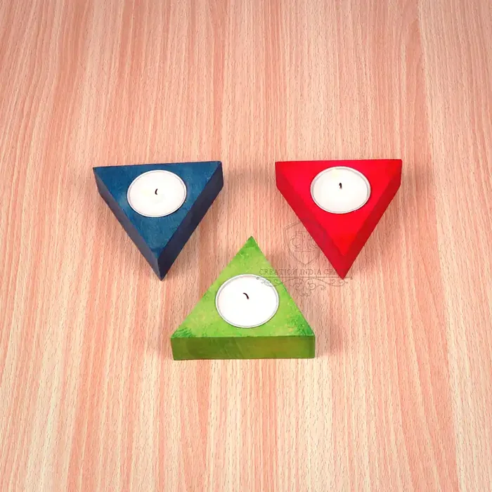 WOOD CRAFTS OF RAJASTHAN Beachwood Tea Light Candle Holder Set of 3 Candle Holders Tealight Stand Candle Stand for Home Decoration Diya for Diwali Antique (Multicoloured)