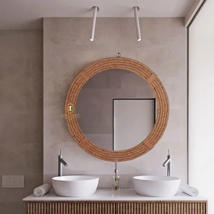 WOOD CRAFTS OF RAJASTHAN Handmade Vintage Wooden Rope Wall Mounted Mirror with Antique Frame Round Wooden Wall Mirror for Living Room Wash Basin Home Mirror for Wall Decoration Framed 18‘‘ inches