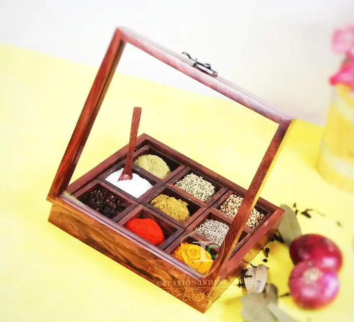 WOOD CRAFTS OF RAJASTHAN Masala Box for Kitchen Wooden Spice box 9 Containers With Spoon Spice Box Container for Kitchen Decor Masala Dabba NamakDani Multipurpose Decorative Box (Pack Of 1)
