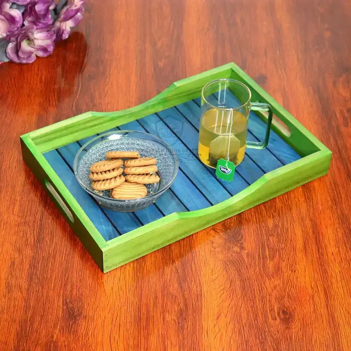WOOD CRAFTS OF RAJASTHAN Wooden Tray for Serving Decoration for Dining Table Home Kitchen Decoration Dinner Snack Coffee Tray for Home Decoration Multipurpose Tray (in Blue)