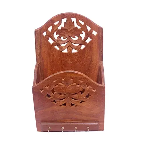 Wood Sheesham Hand Crafted Embellished Wall Hanging Palm Leaf Design Letter Rack/Envelope/Newspaper Stand with Key Holder