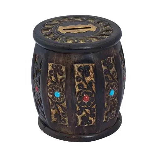 Wooden Bank Barrel Style Piggy Coin Box for Boys and Girls (Brown 5-inch)