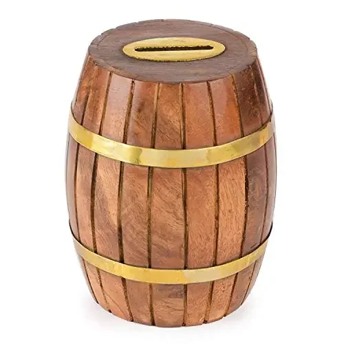 Wooden Barrel Money Piggy Bank Coin Box Birthday Gifts for Kids Boys Girls & Adult