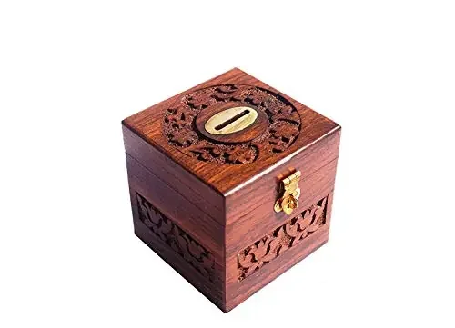 Wooden Carving All Sides Money Bank/Coin Saving Box/Piggy Bank/Gifts for Kids Girls Boys & Adults (Brown 4x4x5 Inches)