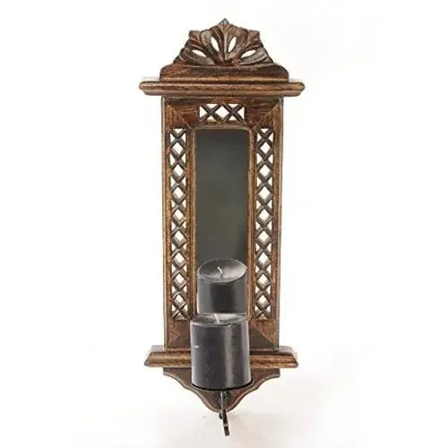 Wooden Hand Carved Wall Hanging Miror Reflection Candle Holder Size(LxBxH-7x1x20) Inch