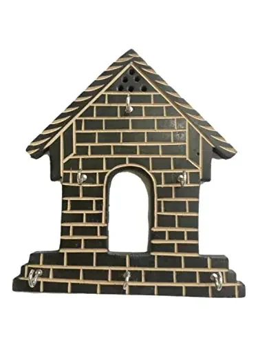 Wooden Hut Shape Wall Decor Key Holder (Black 7 X 8 inch)