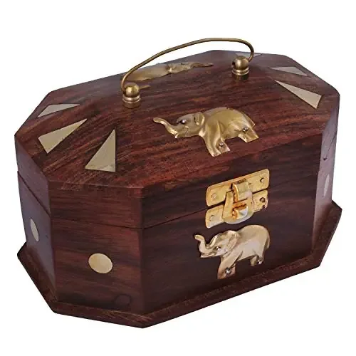 Wooden Jewellery Box with Embossed Brass Elephant