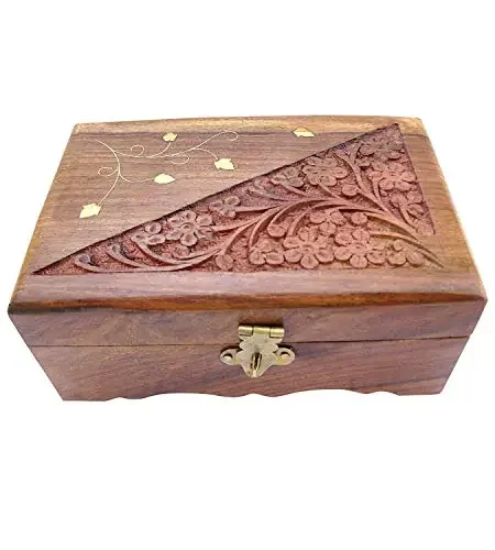 Wooden Jewelry Box Handicrafted Flower Carving Gift 6 inches