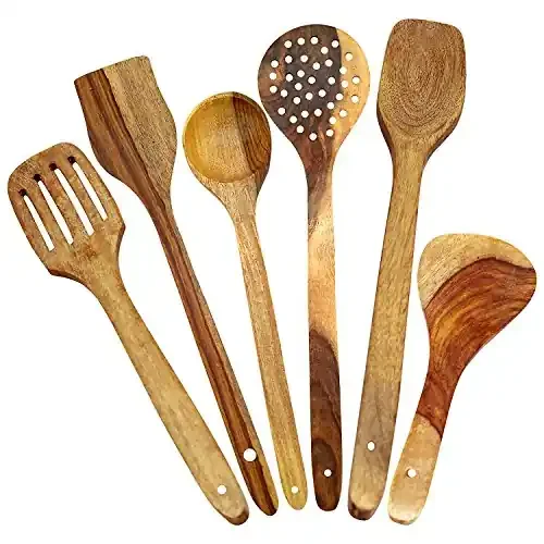 Wooden Multipurpose Serving and Cooking Spoon Spatulas Set for Non-Stick Spoon for Cooking Baking Kitchen Tools Essentials Ladles Mixing and Turning Natural No Polish Use – Set of 6