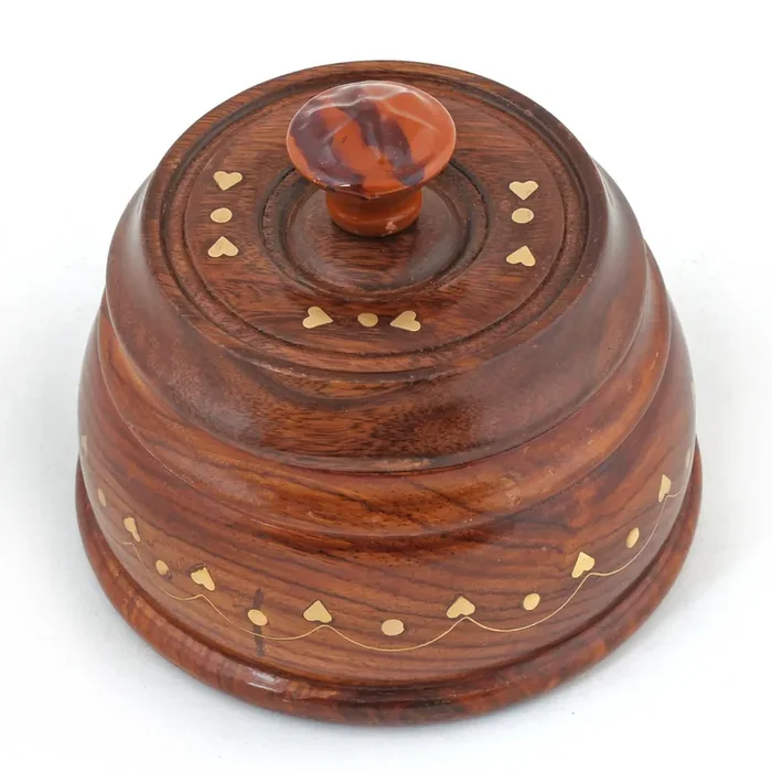 Wooden Round Dry Fruit Box with Brass Inlay Work on Top
