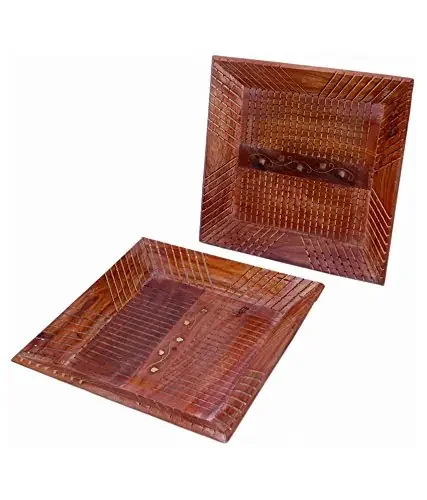 Wooden Serving Tray Set of 2 Square Shaped