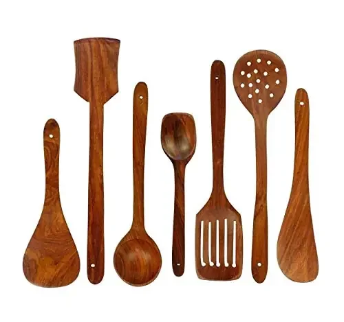Wooden Spoons for Nonstick Cooking and Serving Pan and Spoon (Brown) – Set of 7