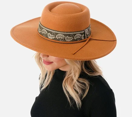 Wool Felt Wide Brim Hat Featuring Embroidered and Thin Leather Band