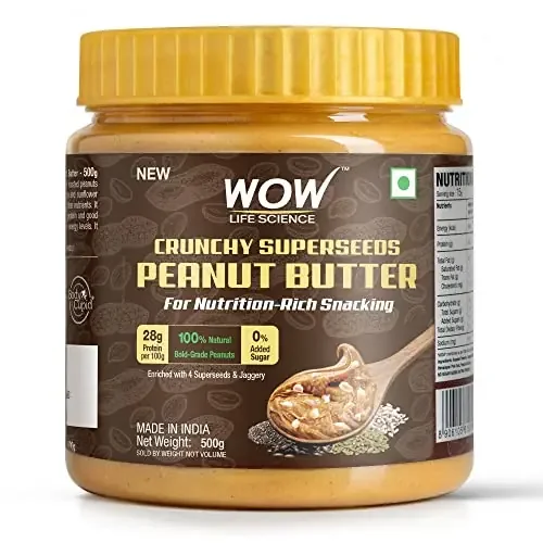 WOW Life Science – Peanut Butter with Super Seeds (Crunchy) – 500 gm High Protein with 28g Protein per 100g For Nutrition Rich Snacking – Weight Management Muscle Building and Healthy Lifestyle