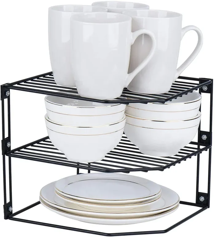 WROUGHT IRON CRAFTS 3 Tier Dish Rack Kitchen Storage Corner Rack Plate Rack Cup Board Organizer and Drainboard Set with Easy Installation Durable Mild Steel Dish Rack for Counter Top