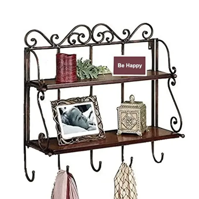 WROUGHT IRON CRAFTS Big Beautiful Wooden Iron Wall Shelf Wall Bracket with 2 Shelves Foldable &.5 Hooks (50x38x14)Cm.