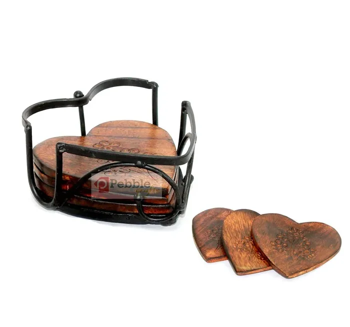 WROUGHT IRON CRAFTS Handmade Wooden Mango Heart Shape Tea Coffee Coaster Set with Wrought Iron Holder (Set of 6) for Office and Dining Table
